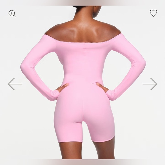 SKIMS FITS EVERYBODY ONESIE BUBBLEGUM PINK Picot Trim Off Shoulder XS - Picture 4 of 11
